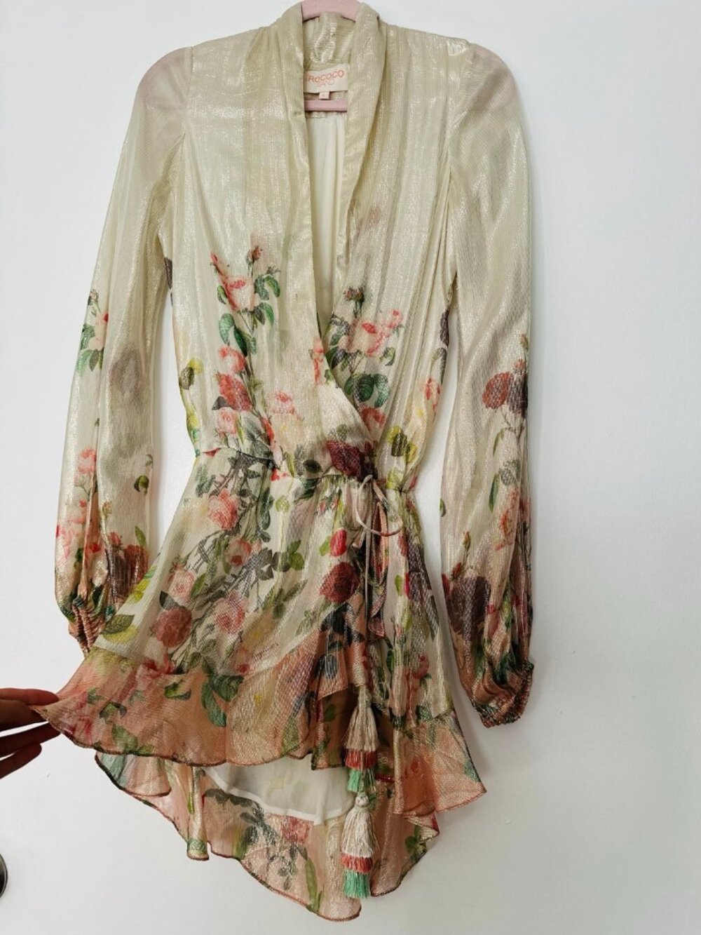 Rococo Sand Metallic Gold Floral Wrap Dress Tassel Ties Size S
